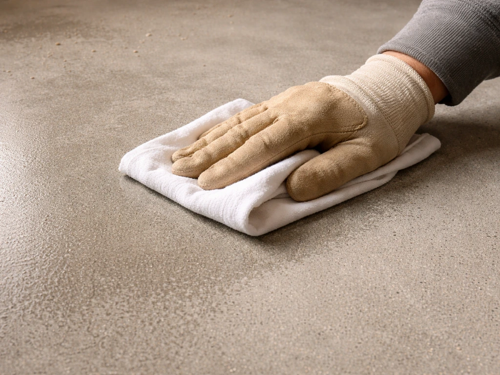 Gloved hand wiping a concrete surface with a dry cloth to show it’s moisture-free and ready.