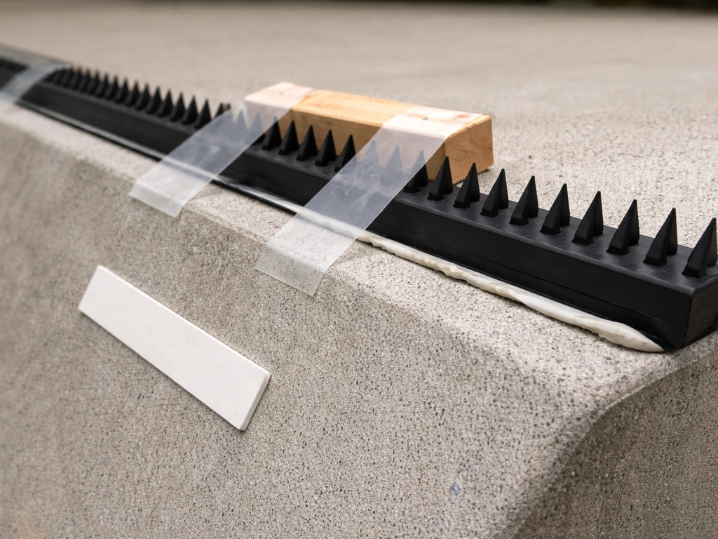 Spike strip pressed into place on an angled surface, held by tape/jig with adhesive bead visible at the base.