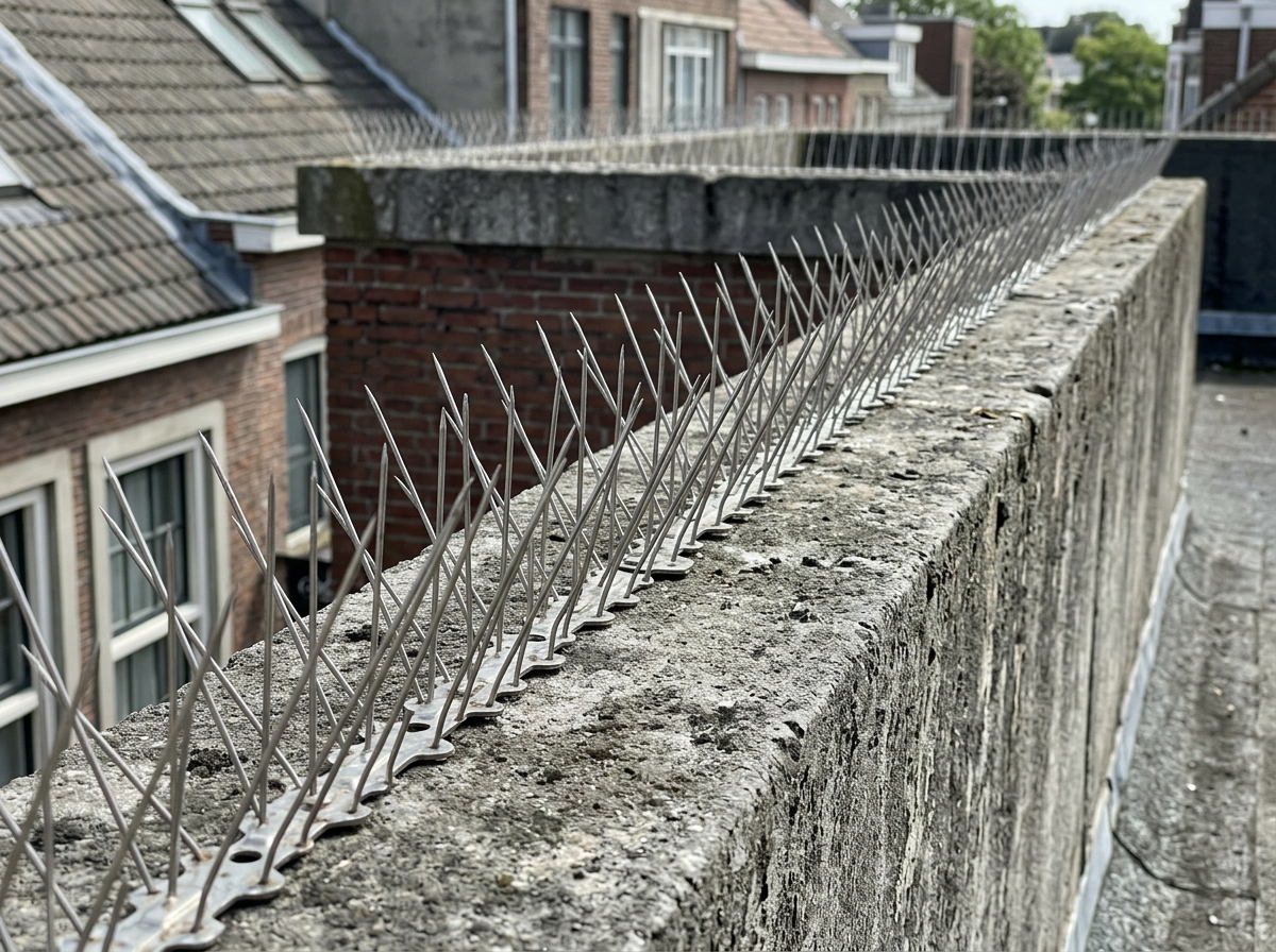 Physical bird barrier spikes installed along a roof ledge to prevent landing