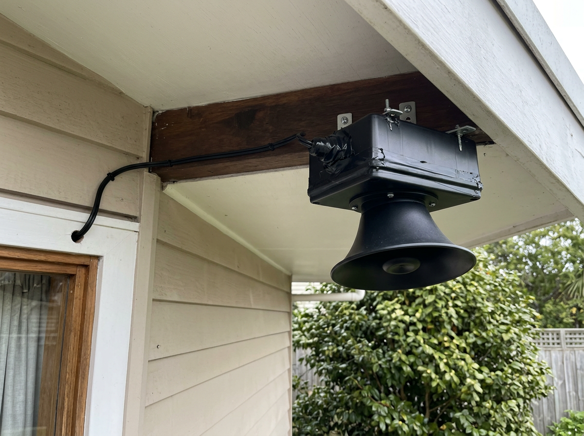 Ultrasonic or predator-caller device mounted under an eave for bird deterrence