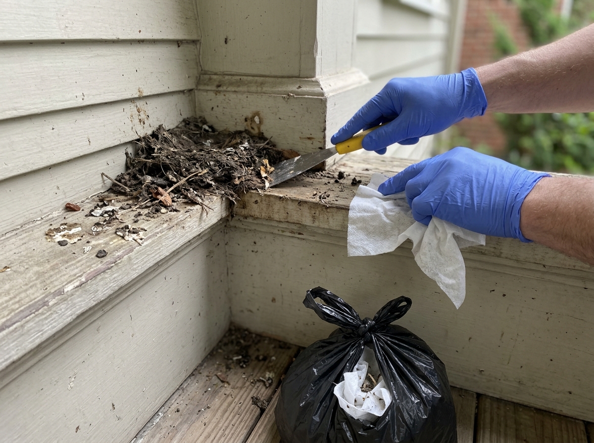 Cleaning a ledge corner before installing bird deterrents