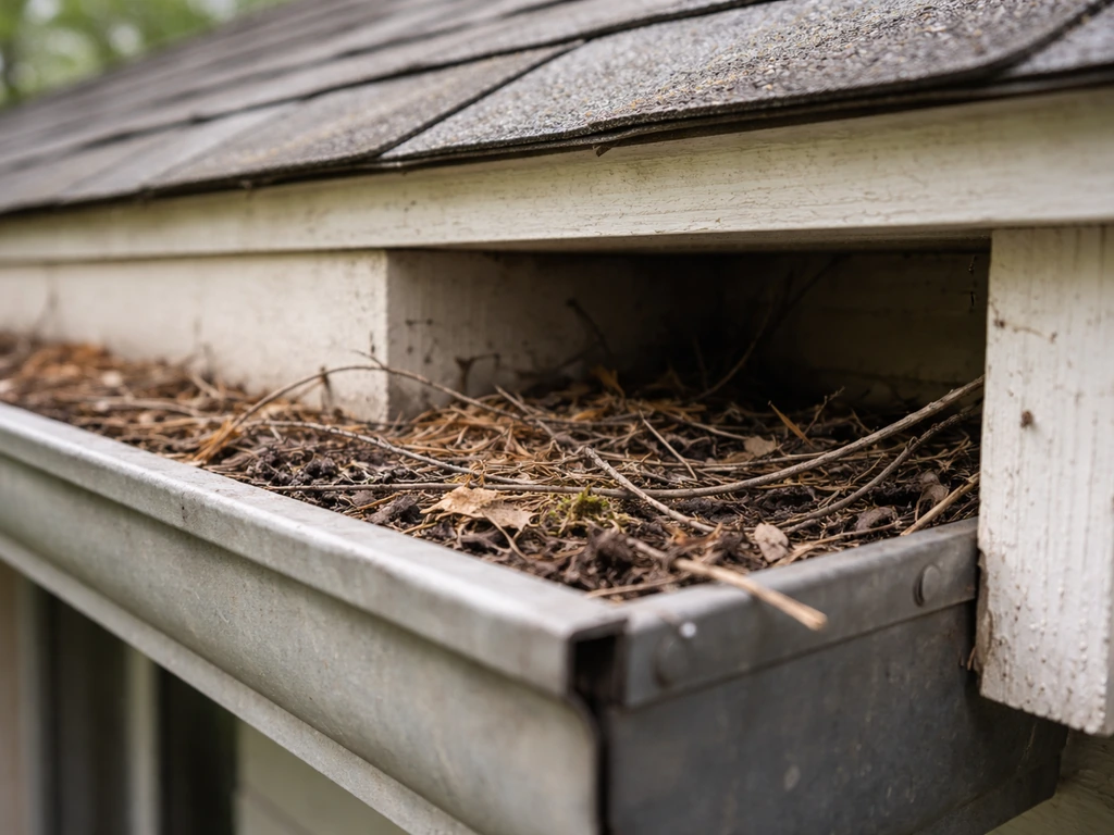 Close-up of a roofline gutter and ledge with sheltered spots that birds would roost or nest.