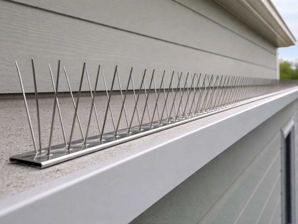 Metal bird spikes installed along a building ledge/roofline, clearly blocking the landing surface.