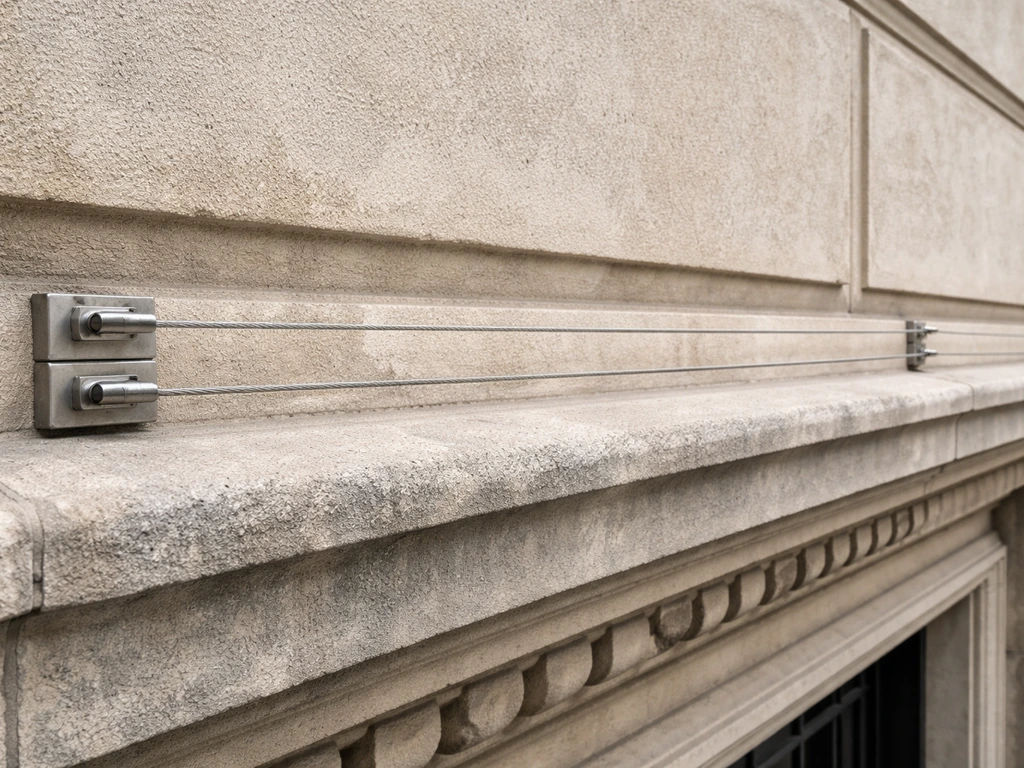 Close-up of a stainless steel parallel wire-and-track exclusion system mounted on a historic-style facade.