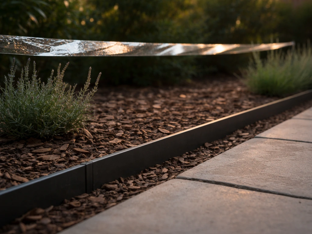 Overlapping reflective flash tape beside a small physical barrier edge along a garden patio border at dusk.