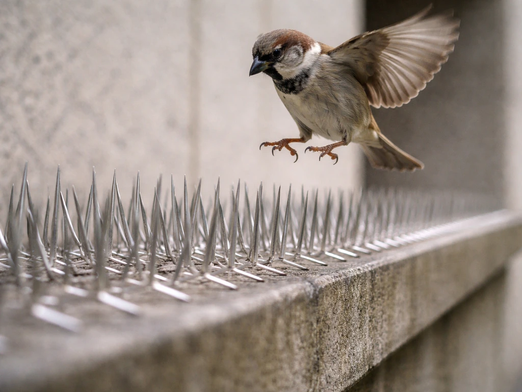 Small bird hovering near a ledge covered with metallic spikes, disrupting stable landing footing.