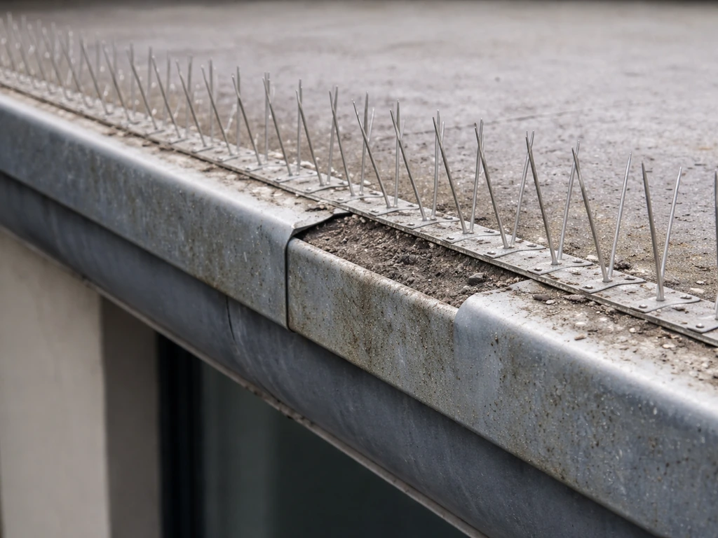 Close-up of a gutter ledge showing continuous spike coverage versus a small uncovered gap near the edge.