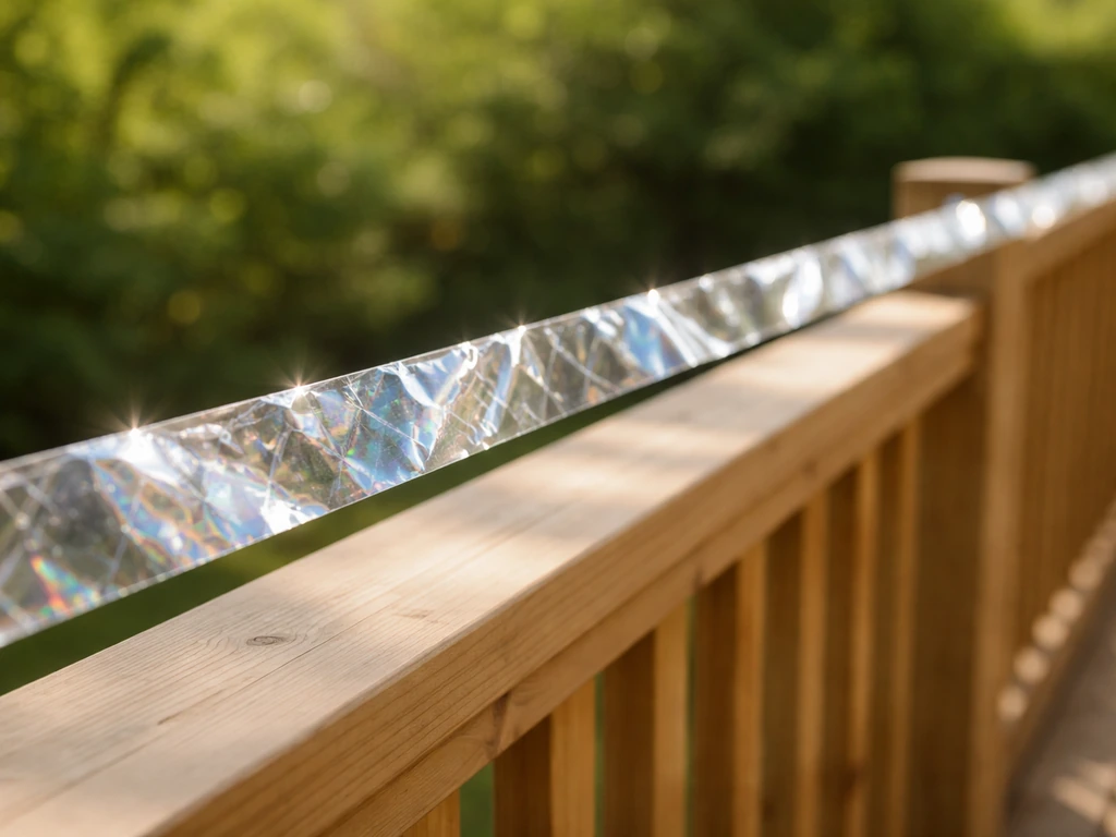 Bird scare tape strung along a porch railing, reflecting light in the breeze for deterrence.
