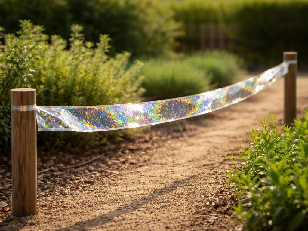 Dual-sided reflective bird scare tape strips fluttering along a garden path in sunlight
