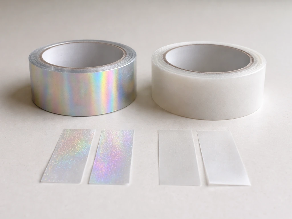 Two rolls of reflective holographic tape and translucent collision-prevention tape laid side-by-side on a table.