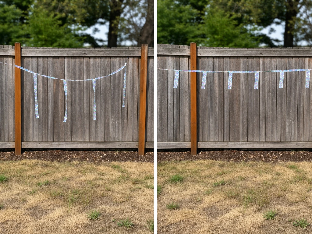 Close-up of outdoor bird scare tape sagging high and sparse beside a corrected, lower taut section