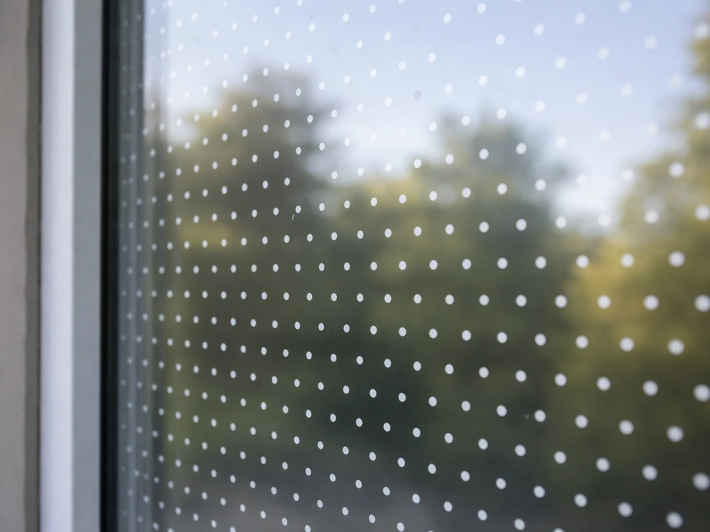 Bird-safe window cling with repeating dot pattern visible on an exterior glass pane.