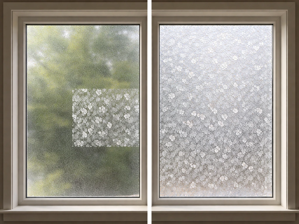 Side-by-side photo showing one decorative cling sticker panel versus a full repeating window pattern film