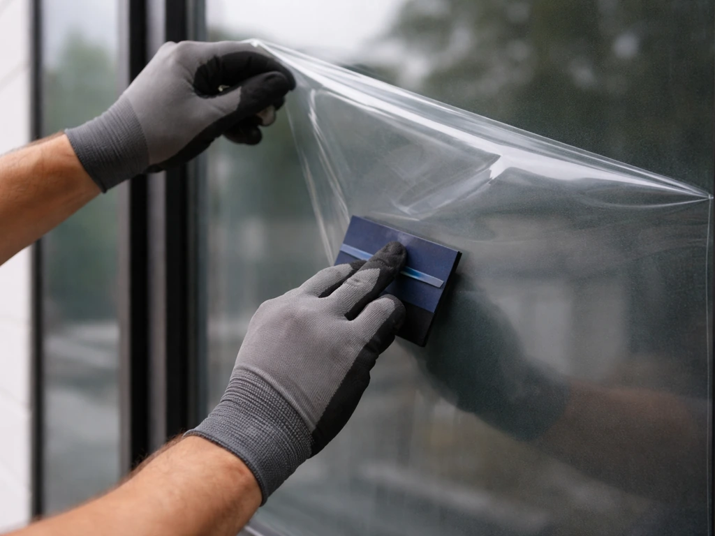 Gloved hands smoothing a clear adhesive cling film onto a tinted exterior window surface.