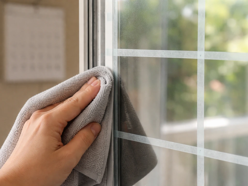 Hand cleaning a film-covered window with a faint tape grid marking areas to inspect and maintain.
