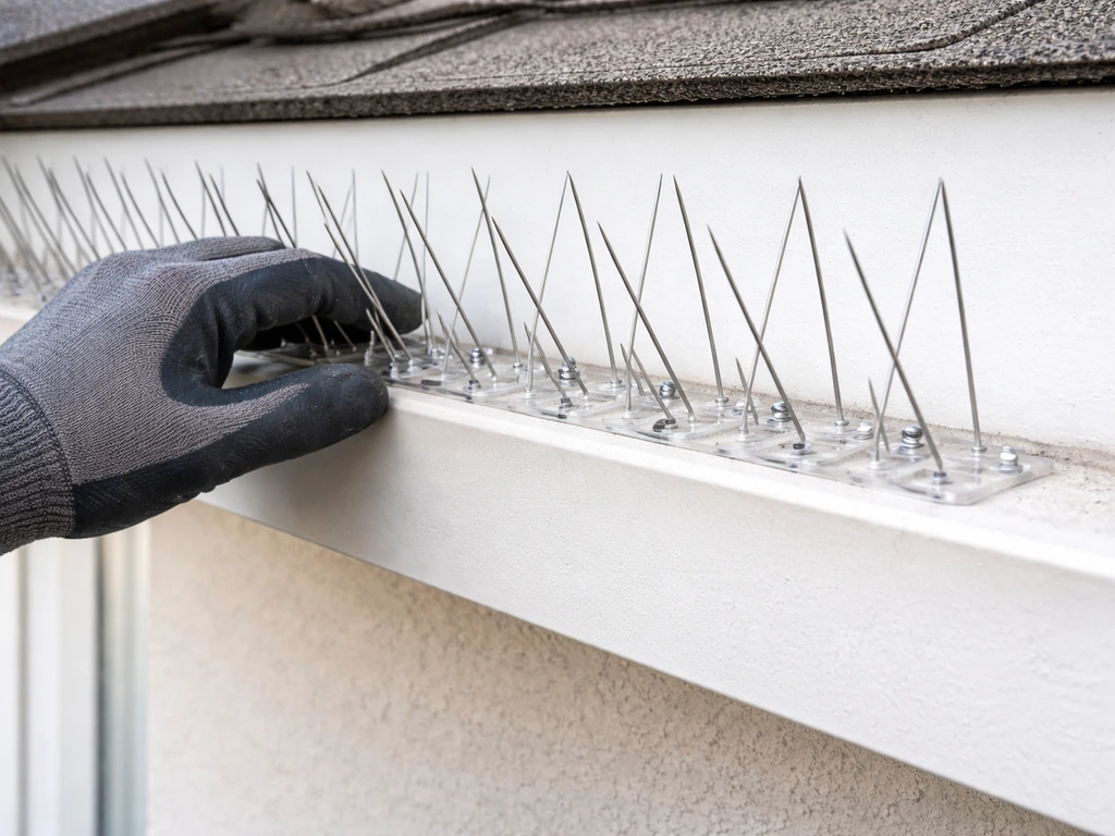 Gloved hand installing metal bird spikes along a building eave edge to block landing.
