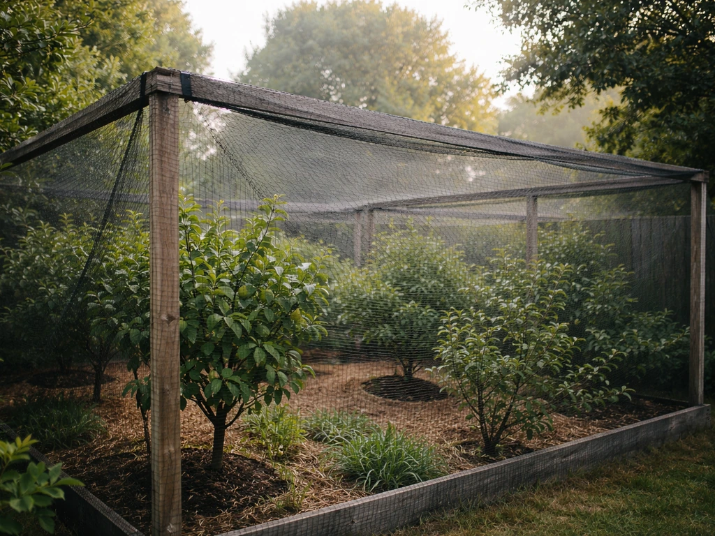 Taut bird netting stretched over a backyard garden to protect plants.