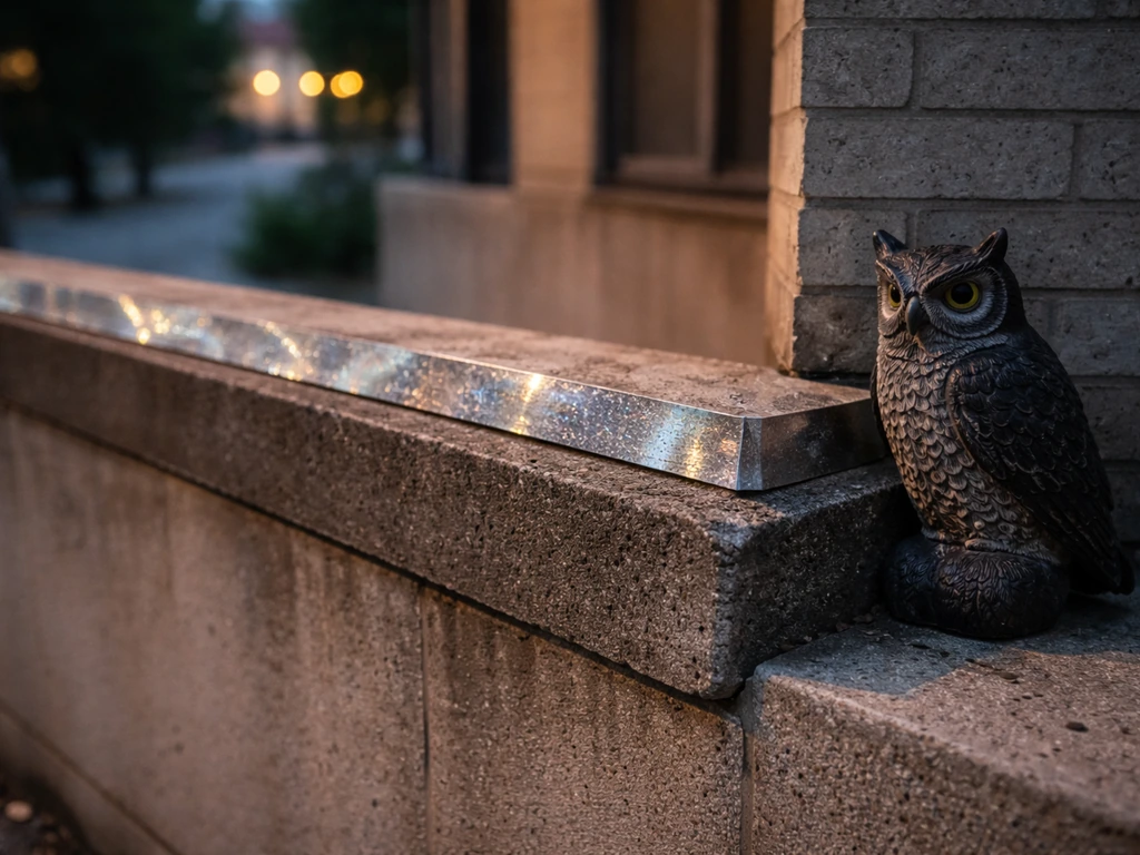 Reflective tape and a small owl-style decoy placed along a building ledge to deter birds.