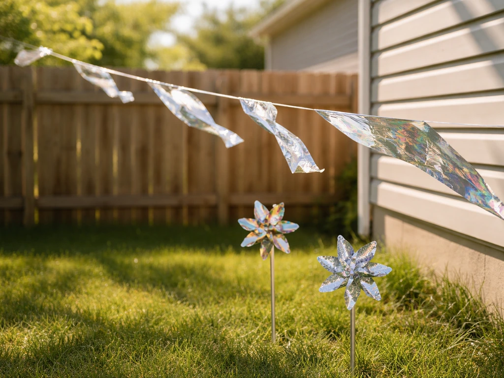 Fluttering reflective bird tape and spinning pinwheels near a sunny property corner in the wind.