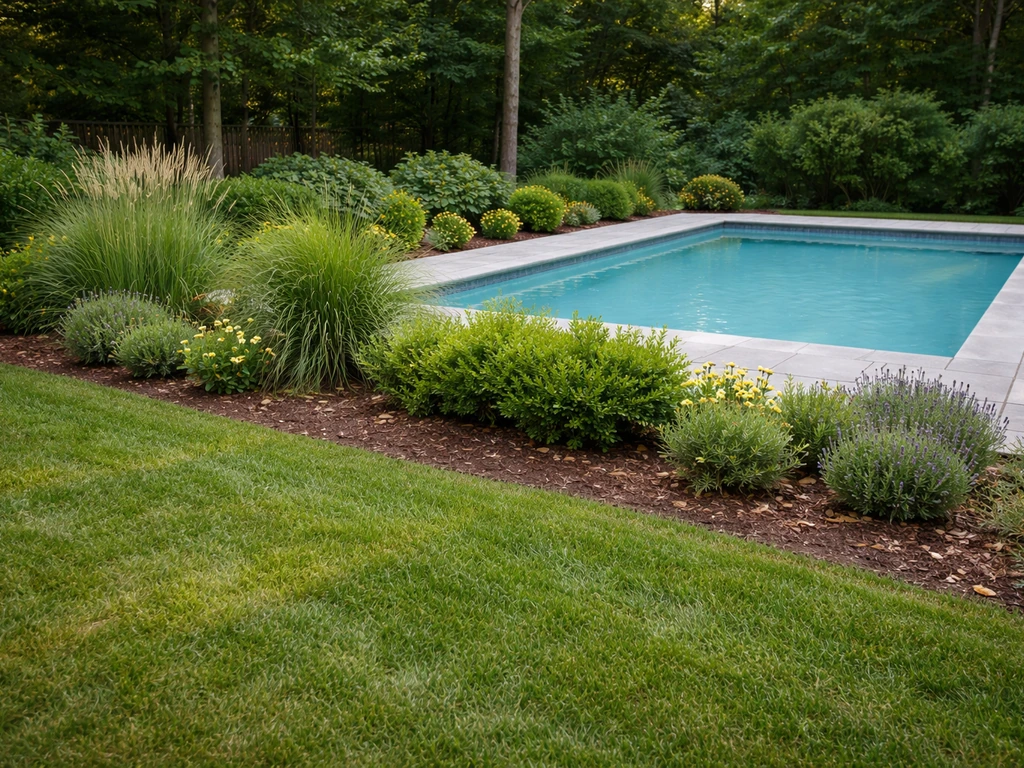 Mowed grass edge and taller plant buffer neatly separating a backyard pool from the lawn to deter geese.