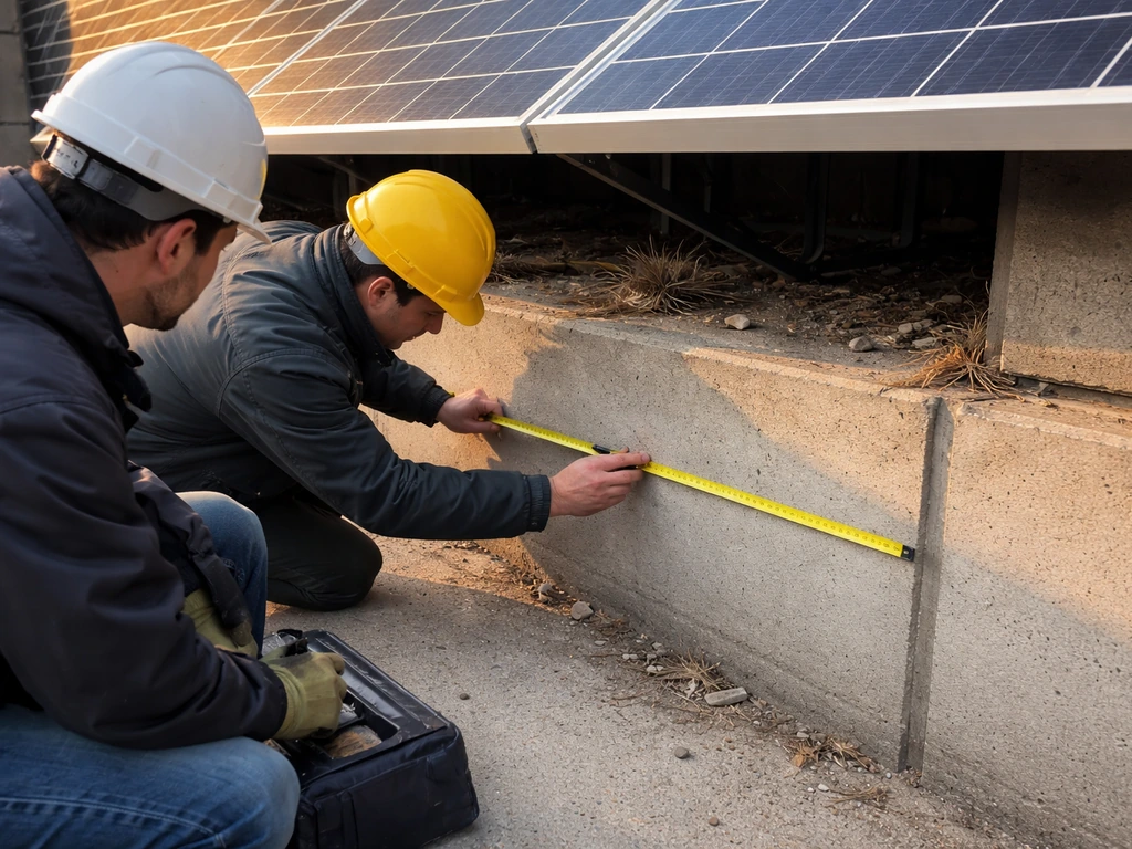 Installers measuring and marking ledge spots under solar panels during a bird roosting inspection.