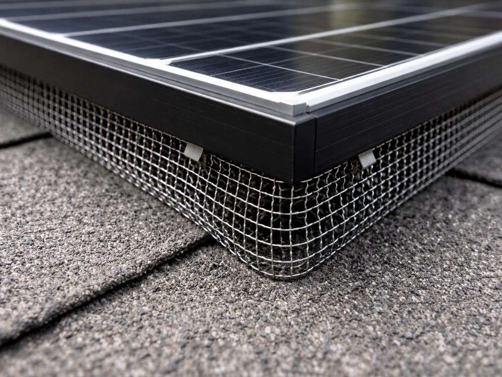 Stainless steel wire mesh exclusion neatly fitted under gaps of a solar panel