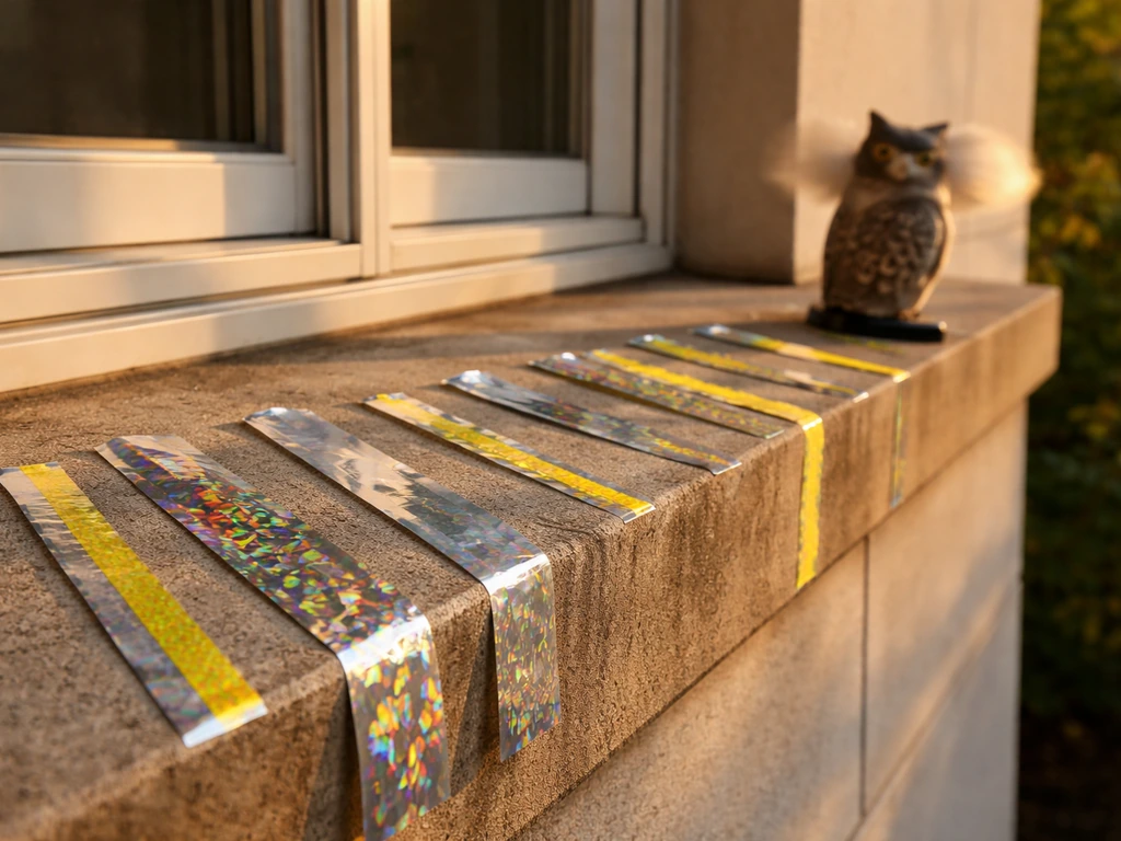 Reflective holographic foil strips and a small spinning predator-style decoy on a building ledge.