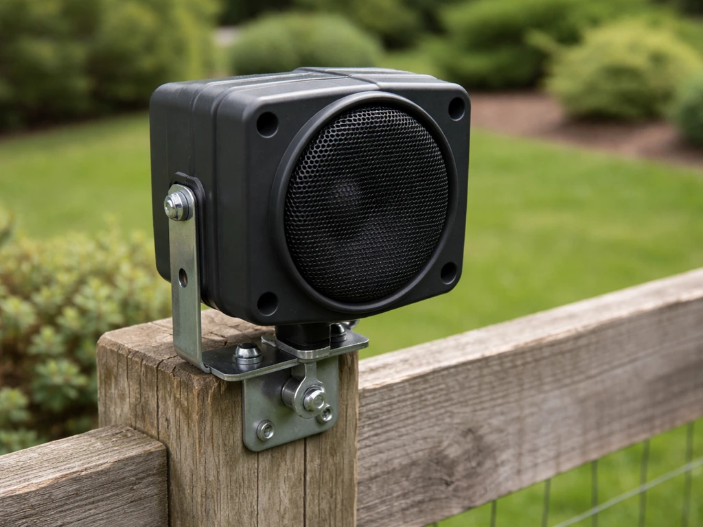 Mounted sonic bird repeller speaker on a bracket outdoors with a landscaped yard background.