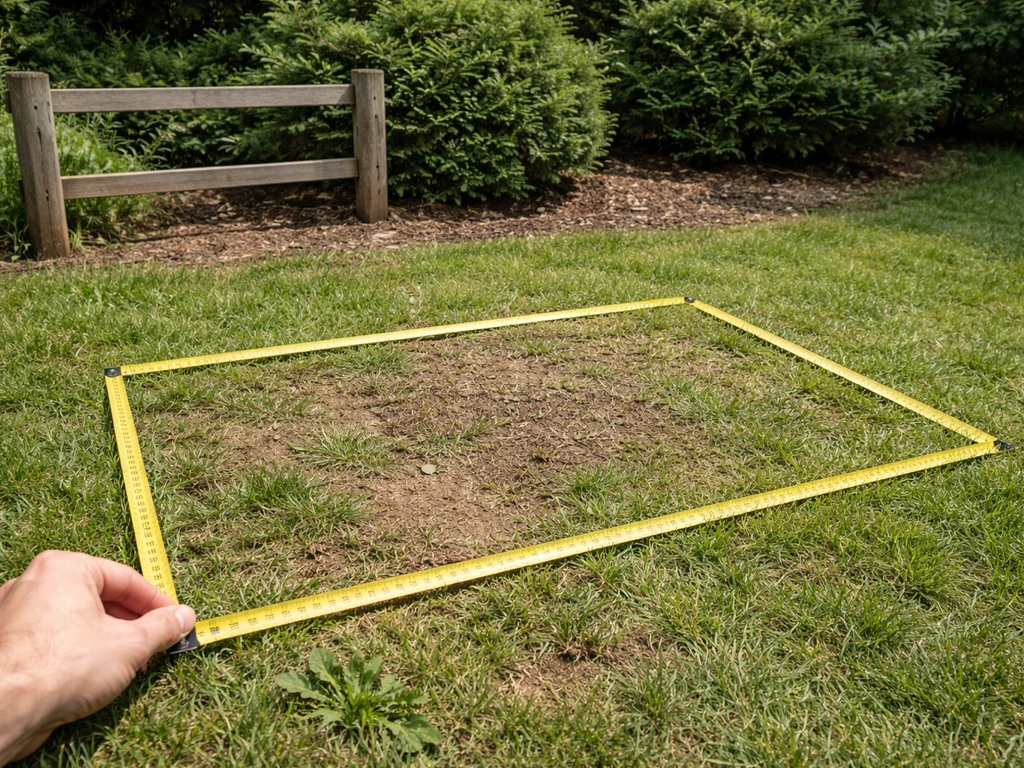 Hand measuring a yard with tape, with a fence and bushes suggesting blocked sound coverage.