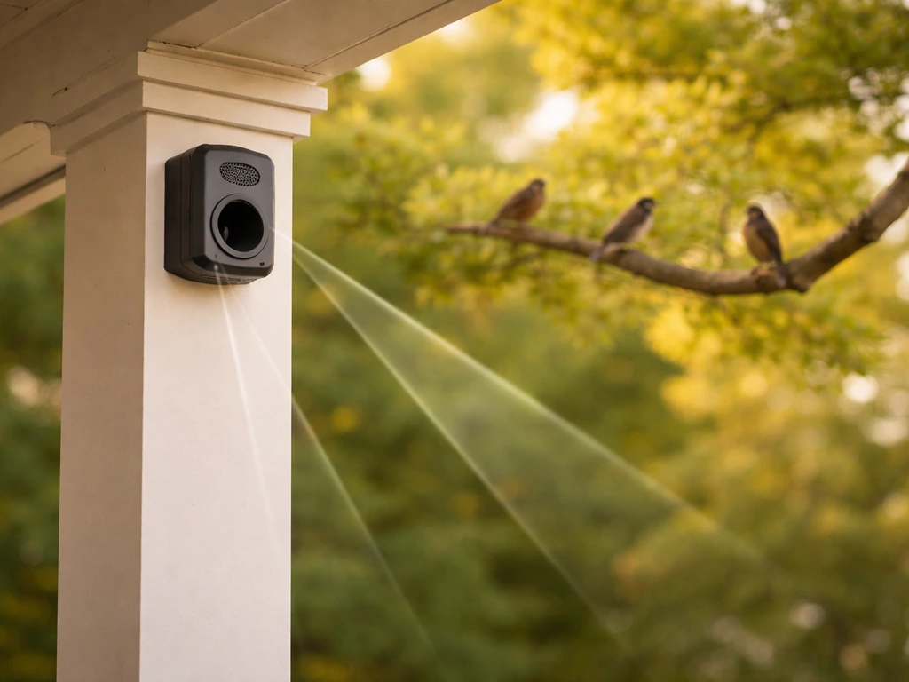 Outdoor deterrent speaker mounted at proper height, aimed toward birds’ landing and roosting spot.