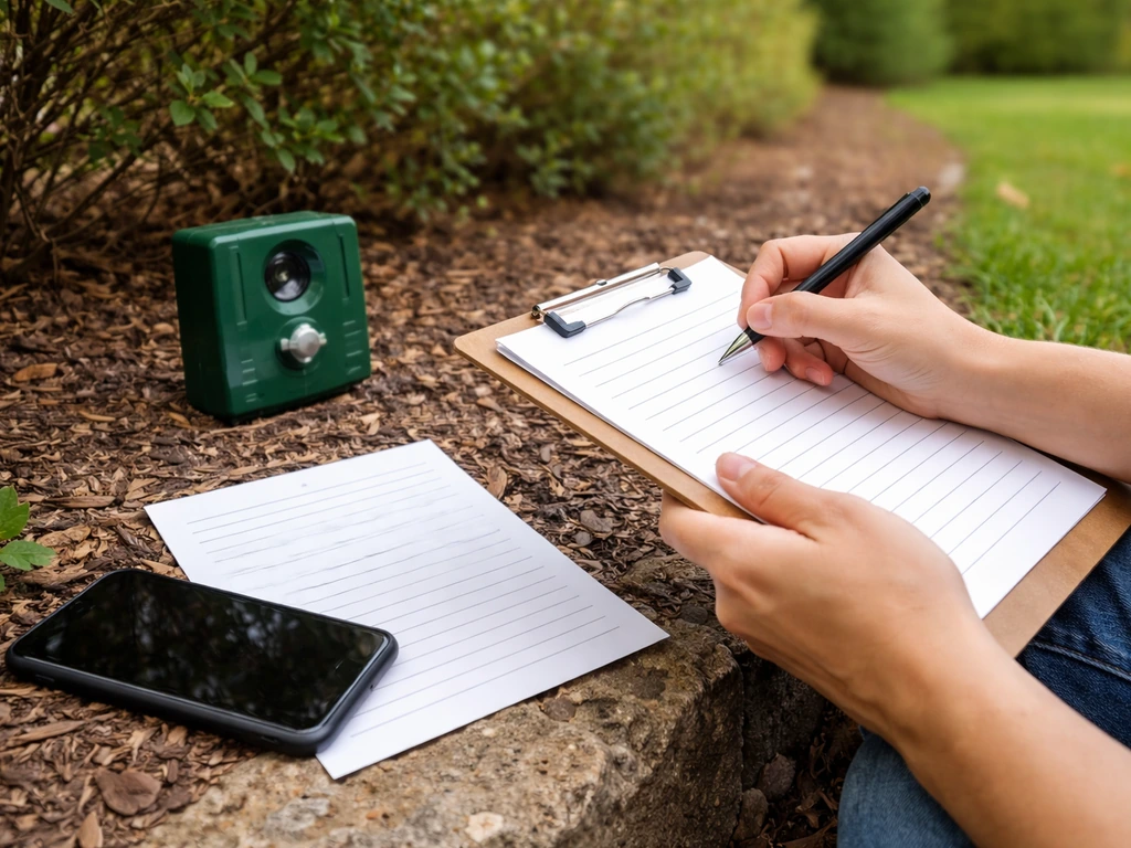 Anonymous hands taking notes beside a sonic repeller device and a blank day-by-day log sheet outdoors.
