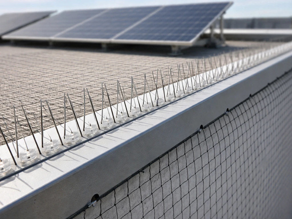 Rooftop edge with anti-roost spikes and bird netting installed to prevent birds perching