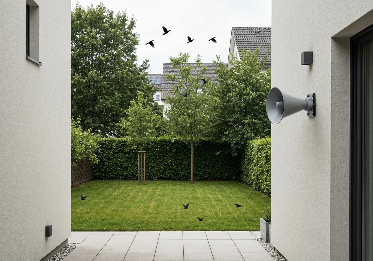 Outdoor bird repellent sound speaker mounted on a patio wall with birds deterred in the yard.
