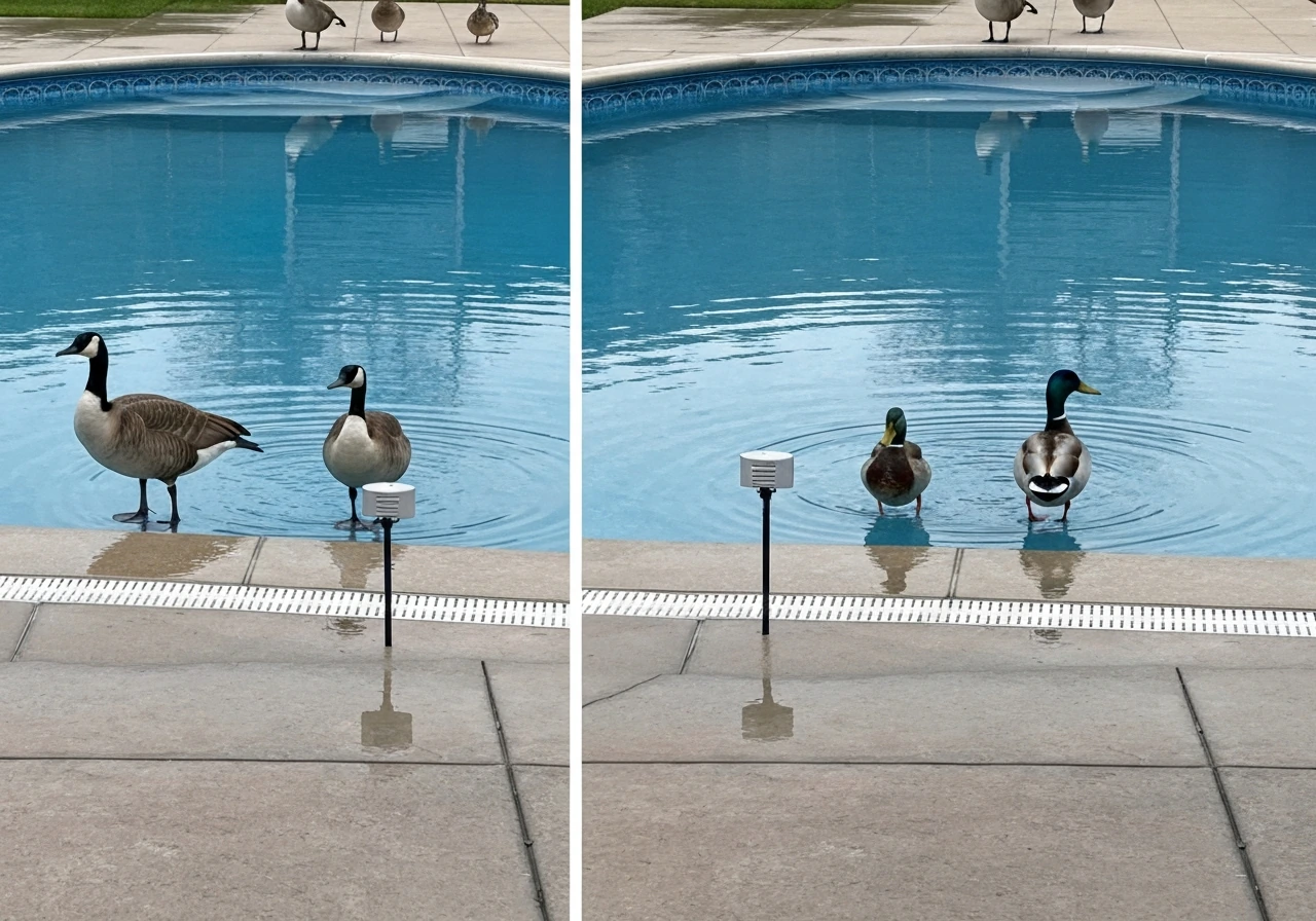 Split before/after of a backyard pool where geese and ducks are deterred by a nearby sound device.