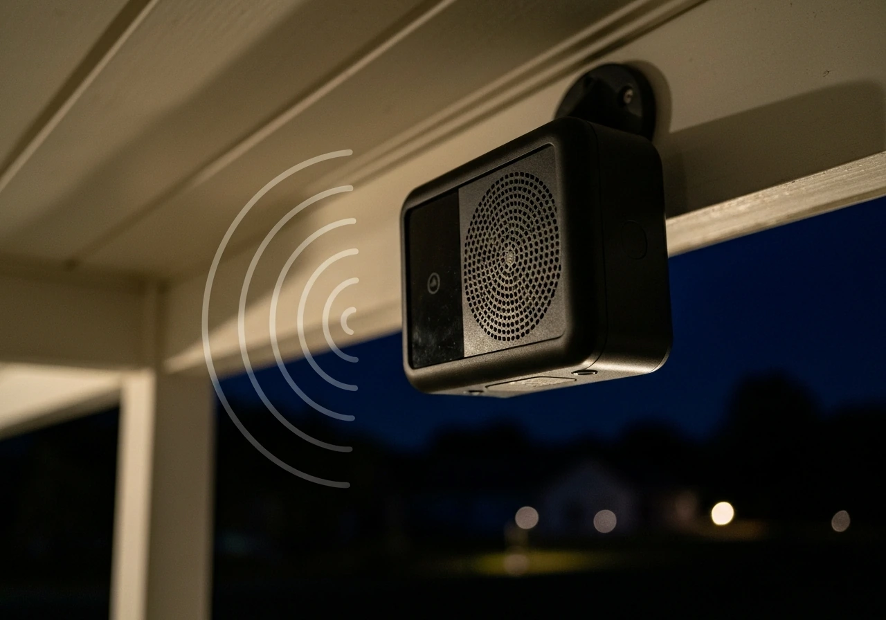 Close-up of a small outdoor speaker emitting a faint blur of sound waves at night, minimal and realistic.