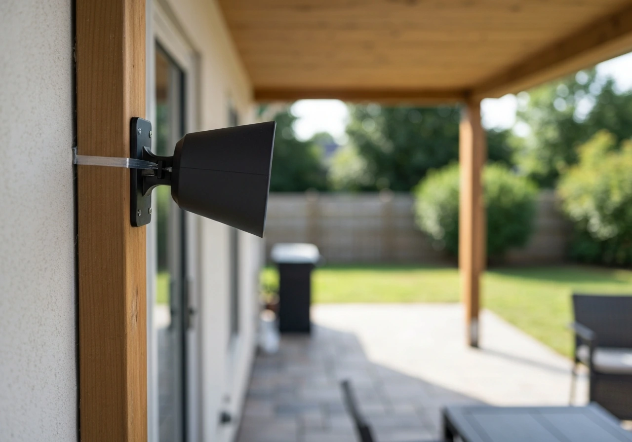 A bird deterrent speaker mounted high on a patio post, angled toward an open backyard space.