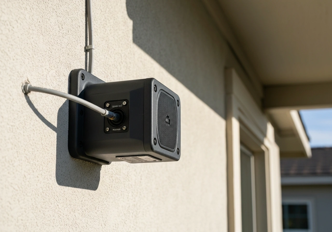 Weatherproof outdoor speaker with sealed connections mounted on a house exterior in natural daylight.