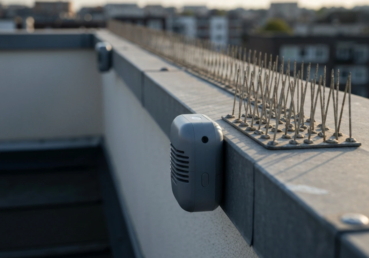 Close-up of a rooftop ledge with bird spikes and a discreet sound deterrent device mounted nearby.