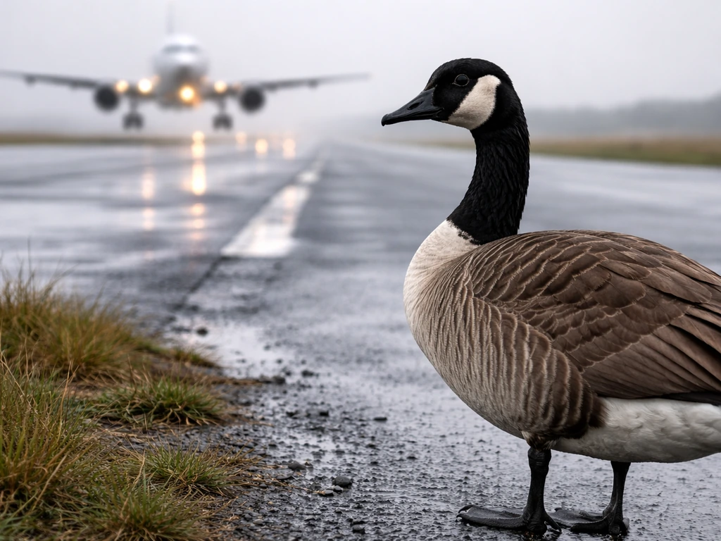 Close-up of a runway-side Canada goose with a blurred airplane in the background