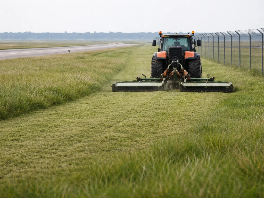 Airport workers’ mower cuts airfield grass, with controlled vegetation rows near runway fencing.