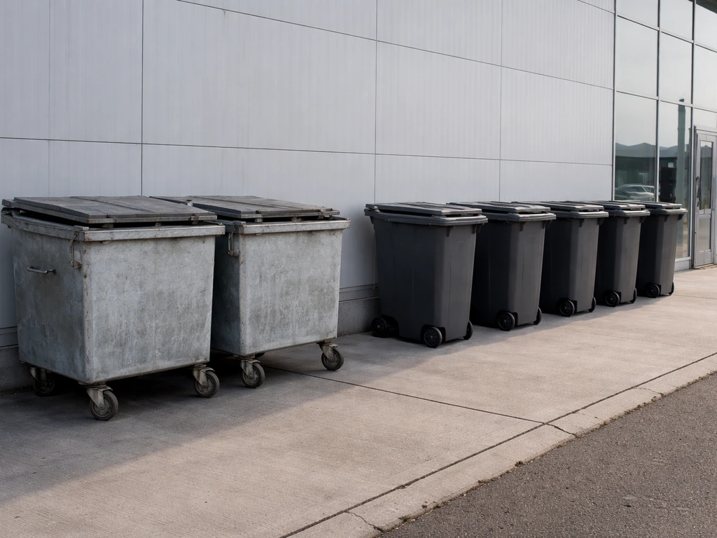 Clean airport trash area near terminal with lidded bins and paved ground under natural light