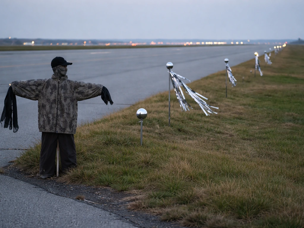 Airfield runway edge with multiple bird-deterrent devices—effigy decoy and reflective elements—along the pavement