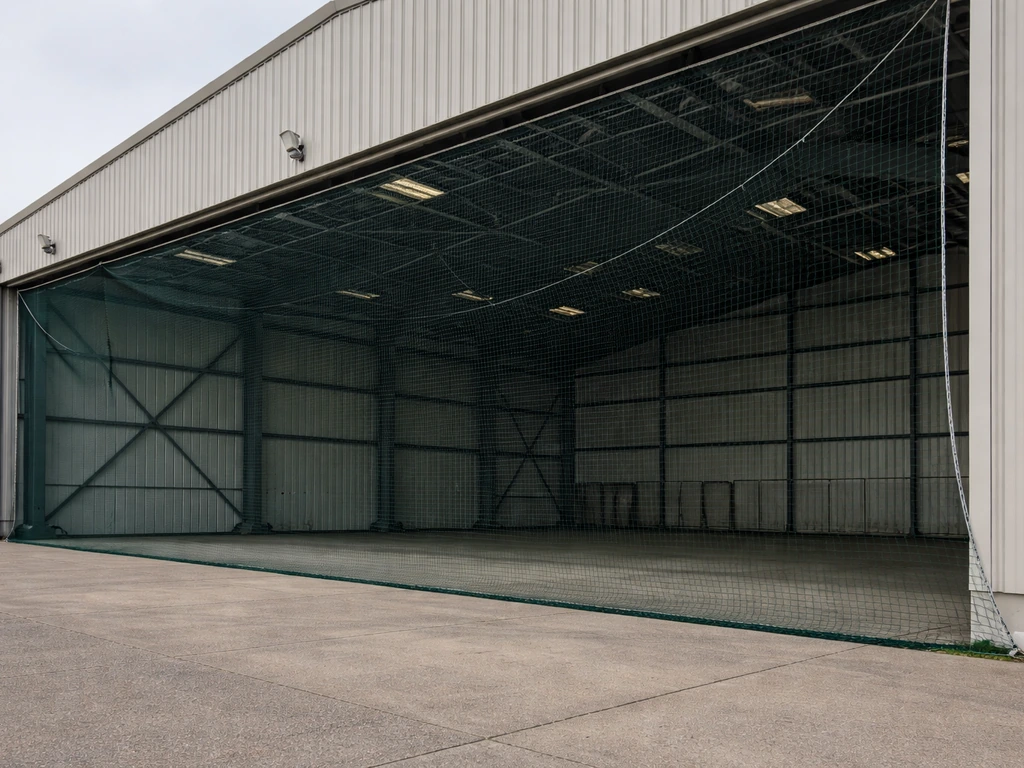Bird netting stretched over an airport hangar opening to block access to birds.