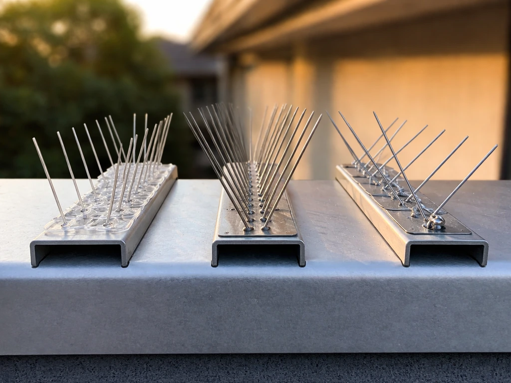 Close side-by-side view of three bird spike types—plastic, stainless, and wire—on ledge sections.