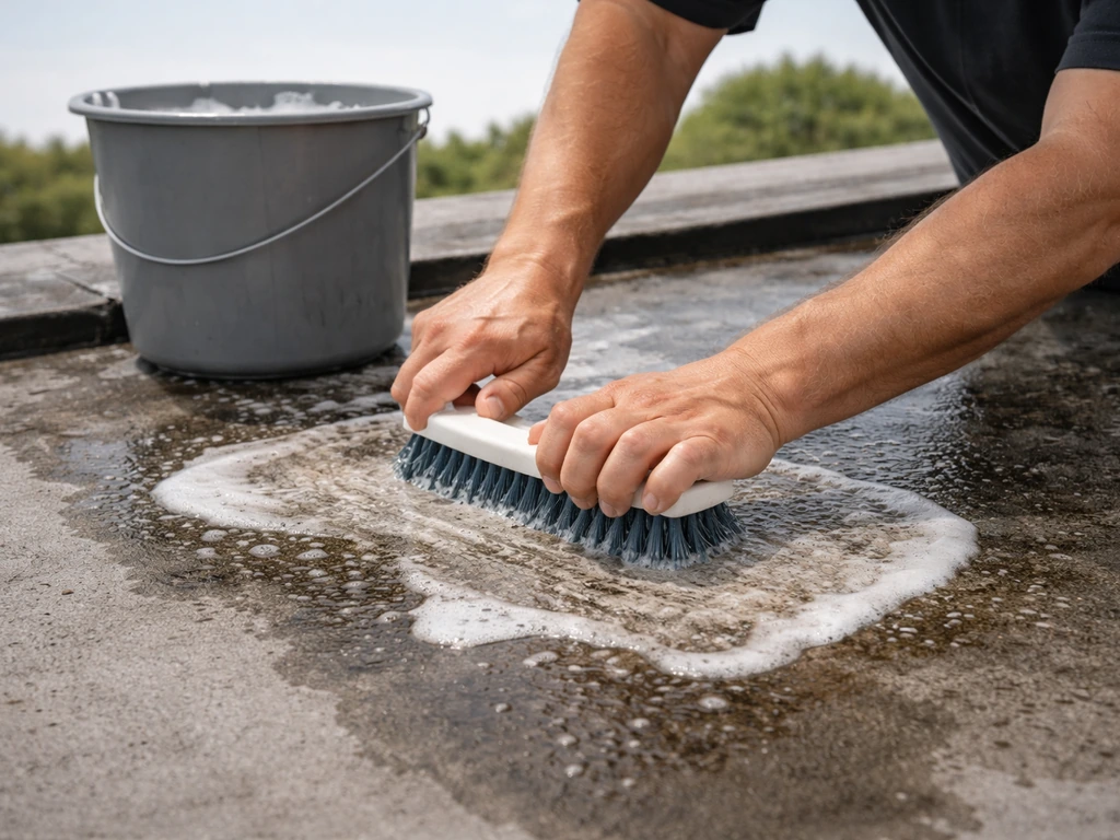 Person scrubbing a rooftop surface with warm water and a stiff brush before installing spikes
