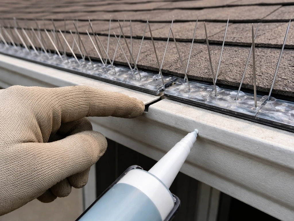 Close-up of a roof edge with a small visible gap beside installed bird spikes, ready to be sealed.