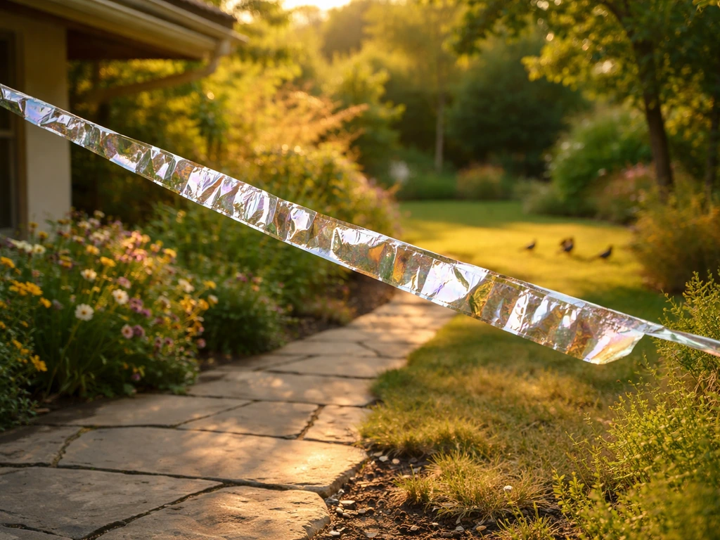 Sunlit garden with reflective bird deterrent tape fluttering across a path and birds kept far away.
