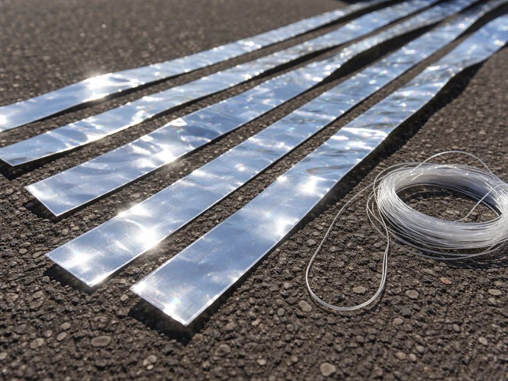 Shiny reflective Mylar tape strips and mounting lines laid out on the ground to deter birds.