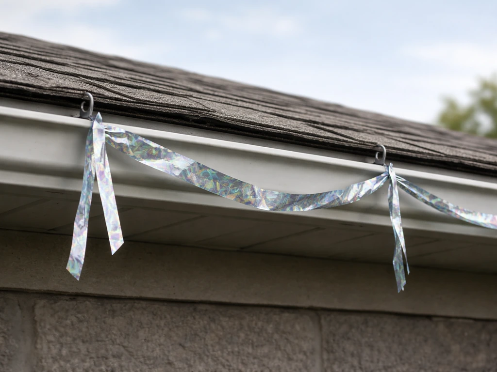 Close-up of reflective deterrent tape on a roof edge showing tape sagging flat and a nearby perch gap.