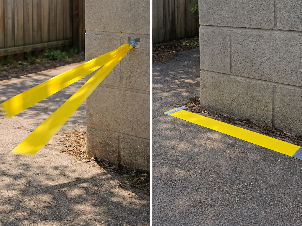 Split view showing tape fluttering freely in sun versus tape laid flat and still in shade.